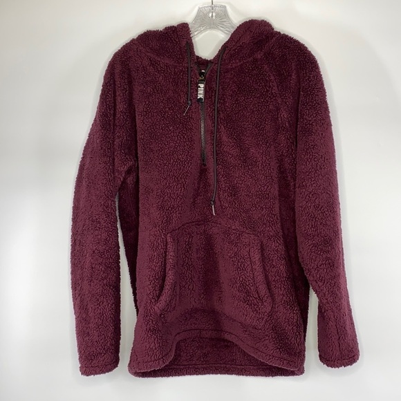 PINK Victoria's Secret Merlot Oversized Hooded Fuzzy Sweatshirt - Picture 1 of 7